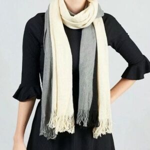 DONNI. Anthropologie Classic Three Tone Fringe Neutral Scarf Black Cream & Gray